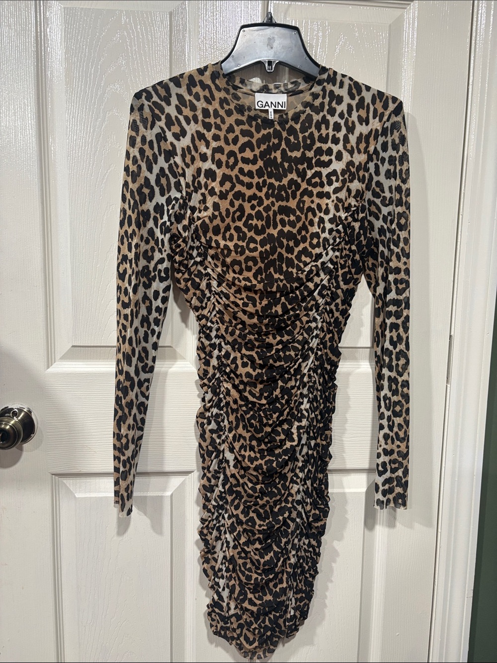 Ganni Leopard Print Long Sleeve Ruched Dress - Brown & Black